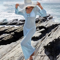 Robe longue en tricot ajouré slim pour femme, à col en V, dos nu, robe de plage, manches longues, protection solaire, tendance
