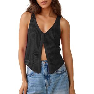 Gilet en crochet pour femme FOXA, col en V, sans manches, court, tricoté, couleur unie, style vintage, été 2025 - Product Image 1
