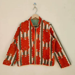 เสื้อแจ็คเก็ตกำมะหยี่ลายเสือสีส้ม งานแฮนด์เมด ลายคันธา แนวโบฮีเมียน เสื้อโค้ทฤดูหนาว  แบบสองด้าน  แขนสั้น  เป็นมิตรกับสิ่งแวดล้อม - Product Image 1