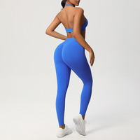Soutien-gorge de sport de yoga tricoté de couleur unie sans couture transfrontalière costume de fitness avec logo devant suspendu cou beauté dos serré hanche