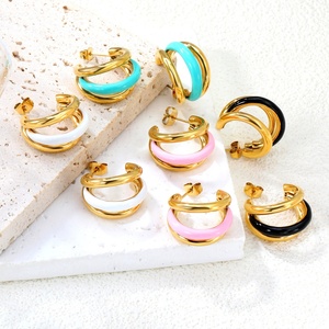 Ins Popular Multilayer C Shaped 18k <b>Gold</b> Plated <b>Chunky</b> Stainless Steel Jewelry Multicolor Enamel <b>Hoop</b> Earrings for Women - Product Image 1