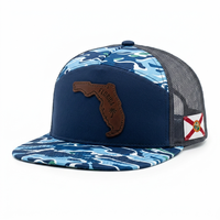 Gorra Trucker de 7 Paneles Personalizada de Alta Calidad, Malla Trasera, Visera Plana, Parche de Cuero con Camuflaje, Cierre a Presión, Gorra Deportiva de Béisbol