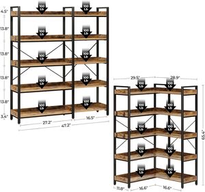 5-Tier Reversible <b>Corner</b> Bookshelf, Industrial Wood Bookcase with 4 Hooks & for Living Room Home Office - Product Image 2