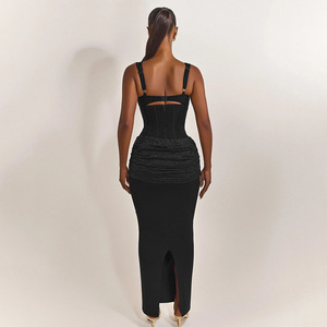 Elegante Vestido Maxi sin Tirantes con Cintura Natural, Espalda Descubierta y Encaje, Vestido de Noche de Color Liso - Product Image 3