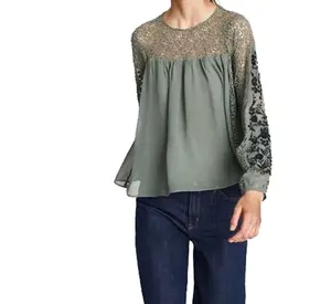 Sexy Lace Chiffon Tops Orphrey Embroidery Green Blouse STb-0630