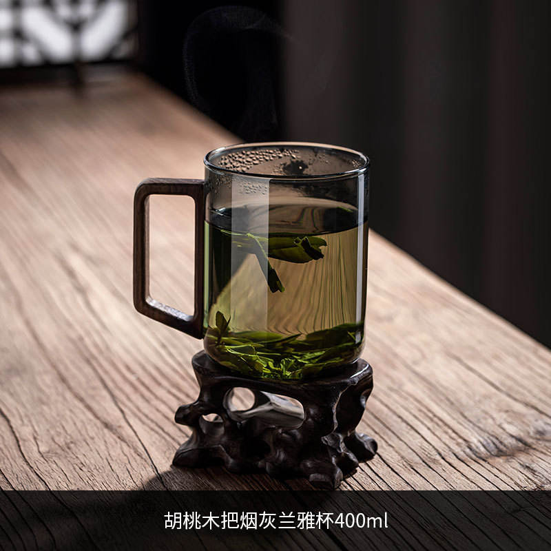 [ด้ามไม้วอลนัท] ถ้วยกล้วยไม้สีเทาสโมคกี้ ขนาดปกติ 400มล