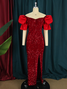 Abito da sera da donna con Maxi paillettes <span class=keywords><strong>rosse</strong></span> con spalle scoperte - Product Image 3