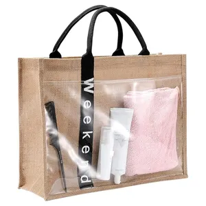 Transparent Front Bag Custom Logo Eco Friendly Organic Jute Grocery Shopping Bag