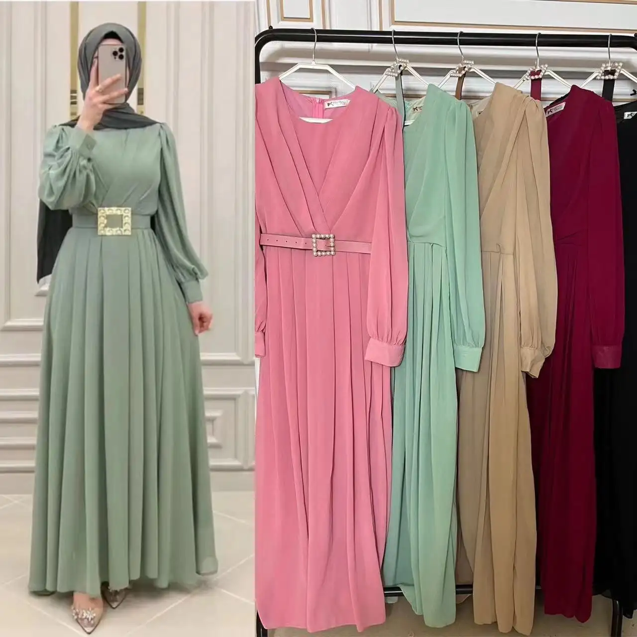 Gaun sifon warna polos dengan lengan panjang dan kerah bulat dengan sabuk Abya Dubai baju gaun Muslim wanita