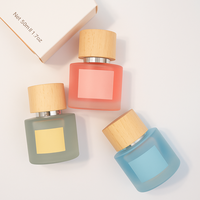 Vente en gros de bouteilles rondes en verre dépoli de 50ml vert fumé rouge bleu design vintage avec couvercle personnalisé boîte pulvérisateur à pompe pour parfum