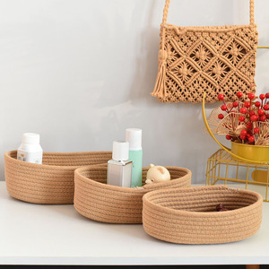 Woven <b>Baskets</b> Oval Cotton Yarn Storage <b>Basket</b> For Cosmetics Keys Snacks Desktop Organizer Foldable Stackable Brown Gray White - Product Image 2