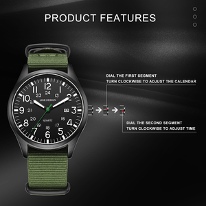 Montre de sport décontractée pour homme, étanche, avec bracelet en toile verte, cadran à chiffres arabes, fenêtre calendrier et aiguilles lumineuses – Vente en gros - Product Image 4