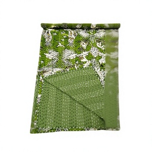 Handmade Green Printed Kantha <b>Quilt</b> Cotton <b>Bedspread</b> Queen Size Modern Home Decor - Product Image 1