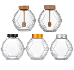 Pot madu heksagonal kosong dengan tutup gabus kayu kemasan kaca kelas makanan kaleng tertutup guci madu heksagonal dengan tongkat sendok - Product Image 3