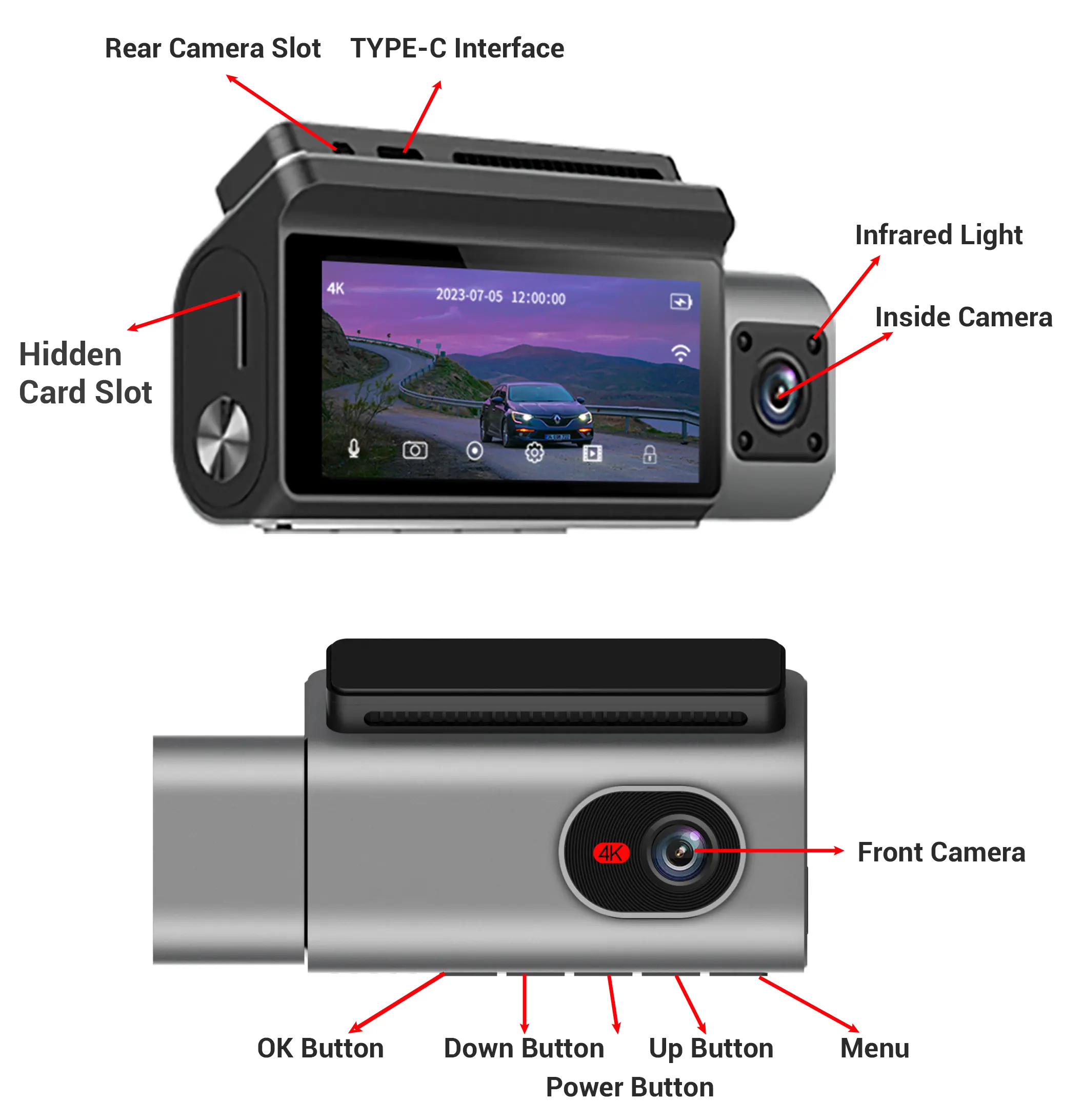 3 ống kính UHD 4K + 1K + 1K Dash Cam với wifi điều khiển điện thoại với IPS hiển thị video ghi thiết kế hộp đen cho tất cả các xe