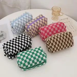 Plaid pencil pouch cosmetic bag contrast knitted wool storage bag autumn and winter checkerboard storage toiletry bag portable