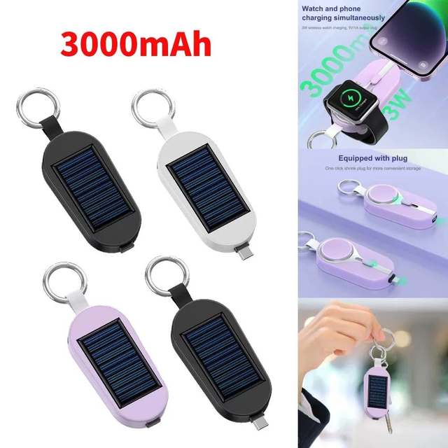 Factory 3000mAh Solar - Powered 4in1 Mini Wireless Charger Keychain Power Bank Mobile Watch Emergency Charger for Outdoor Travel