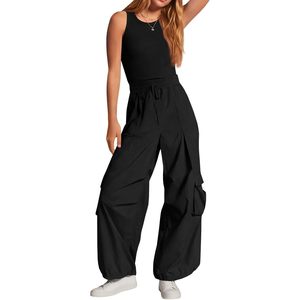 Fisoew Mono sin mangas para mujer, de cintura alta, pierna ancha, estilo cargo, informal, transpirable, de una pieza, para verano, ropa de calle - Product Image 1