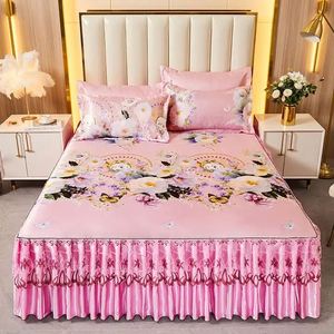 Sábana de seda de hielo para mujer, esterilla de verano de encaje, estilo parisino, Mar de flores, 3 piezas, 2 fundas de almohada + juegos de falda de cama - Product Image 5