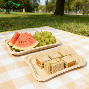 Assiettes de fête jetables en pulpe de bambou de qualité alimentaire, carrées, avec logo personnalisé, emballage en vrac pour gâteaux et desserts, plateau en papier de pulpe de bambou - Product Image 1