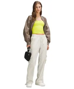 Custom Women Casual Pants White Loose Overalls Mid-Waist Multiple Pockets Retractable Trousers Daily Simple Full-Length Pants