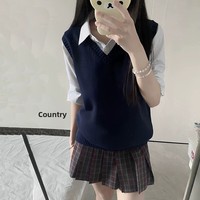Chaleco de Punto Fino sin Mangas Estilo Preppy, Unisex, Cuello en V, Color Sólido, Combinable con Todo, Poliéster, Todas las Temporadas, Disponible
