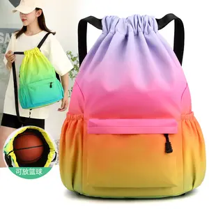 Logotipo personalizado Poliéster Nylon Bag Viagem Outdoor Waterproof Swimi Sport Basketball Drawstring Mochila com bolso com zíper