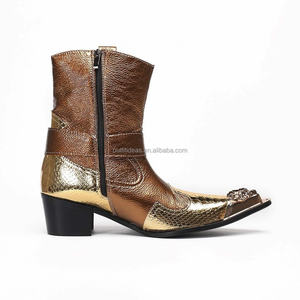 מגפי עור עגל בצבע זהב, יוניסקס, לנשים, עקב בלוק, נעלי עור אלגנטיות, לגברים, נעלי עור משובצות, אבזם מתכתי, מגפי צ'לסי אלגנטיים - Product Image 2