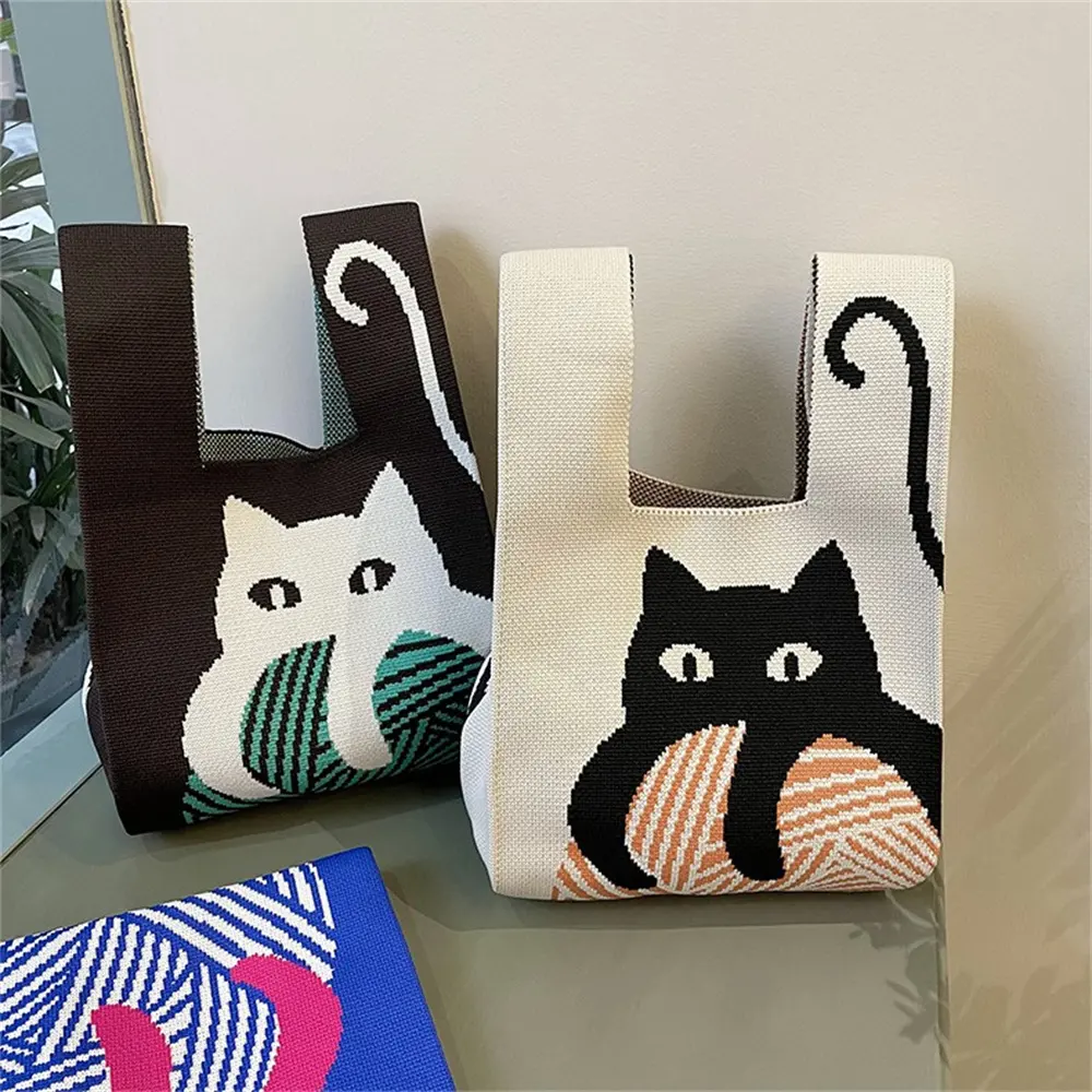 Female Japanese Style Kawaii Knitting Wool Tote Bag Teenager Winter Fashion Cute Cat Pattern Crochet Shopping Top-handle Handbag