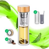 Botella de Agua con Infusor de Té de Vidrio de Borosilicato de Doble Pared y Aislamiento de 500 ml, Tapa de Bambú, Termo de Vidrio para Viajes