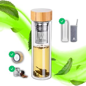 Botella de Agua <span class=keywords><strong>con</strong></span> Infusor de Té de Vidrio de Borosilicato de Doble Pared y Aislamiento de 500 ml, Tapa de Bambú, <span class=keywords><strong>Termo</strong></span> de Vidrio para Viajes - Product Image 3