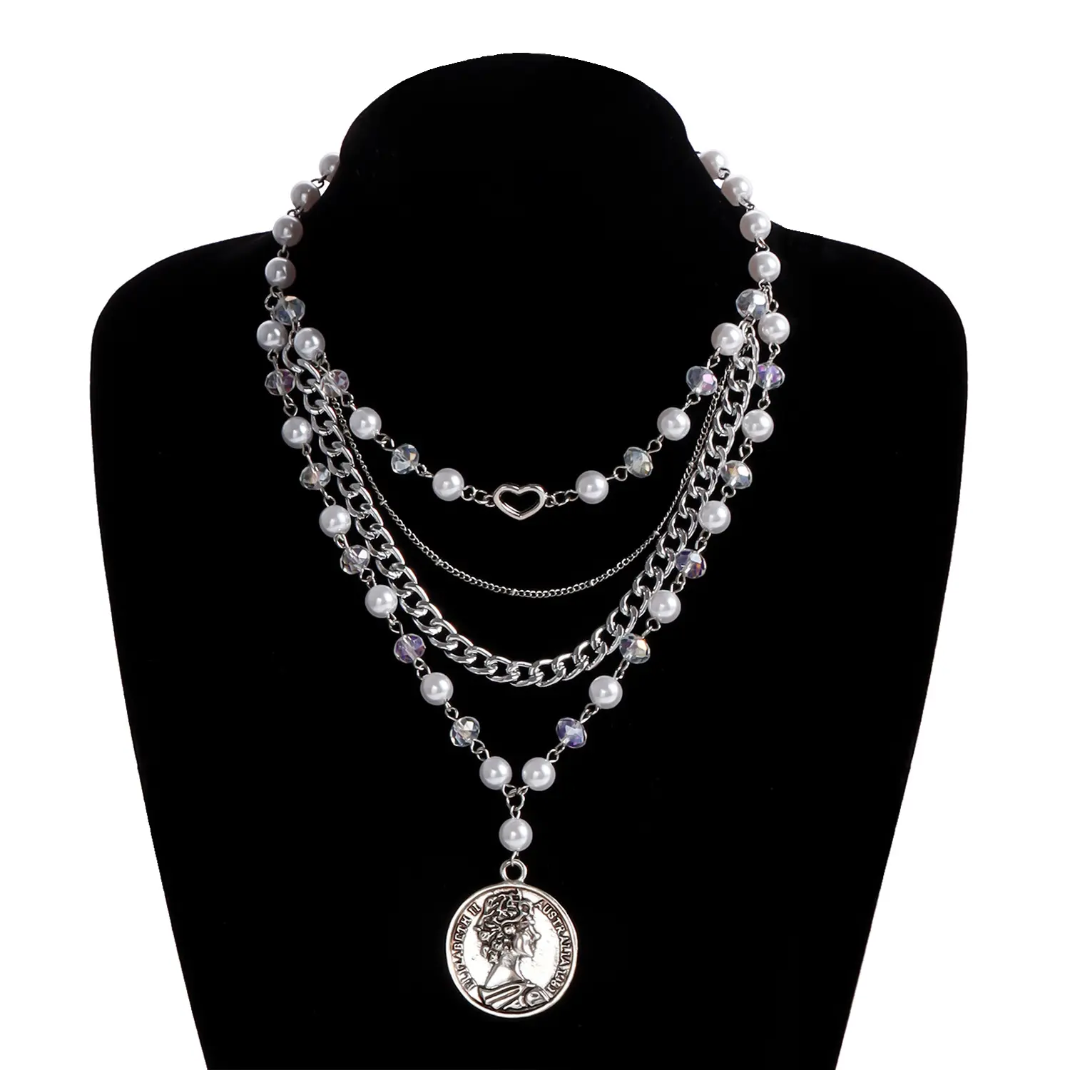 Neue Mode Metall Perlenkette Anhänger mehrschichtige Imitation Perlenfigur Münze Damenkette