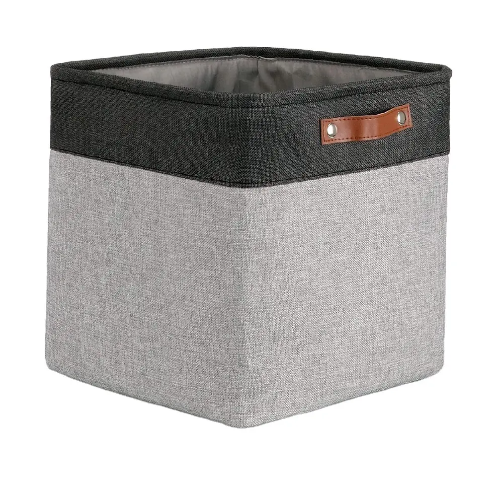 Quadratische Aufbewahrung Leinen Stoff dekorative Schrank Körbe Behälter mit Leder griffen mit grau schwarzer Farbe