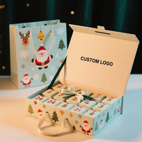 Boîte de calendrier de l'Avent de Noël personnalisée avec logo, bleu clair, poignée découpée à la main, 24 compartiments, ruban rouge et vert, nœud, imprimé Père Noël et renne, cadeau rigide