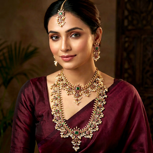 Conjunto de Collar, Pendientes y Anillo de Novia Largos, Estilo Templo del Sur de la India, Chapado en Oro de Alta Calidad, Perlas de Imitación, Estilo Vintage para Boda - Product Image 1