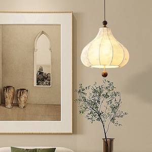 Lustre LED réglable en hauteur pour salle à manger, en tissu à motifs vintage, style Maillard Wabi-sabi, bois massif, chêne français floral - Product Image 3