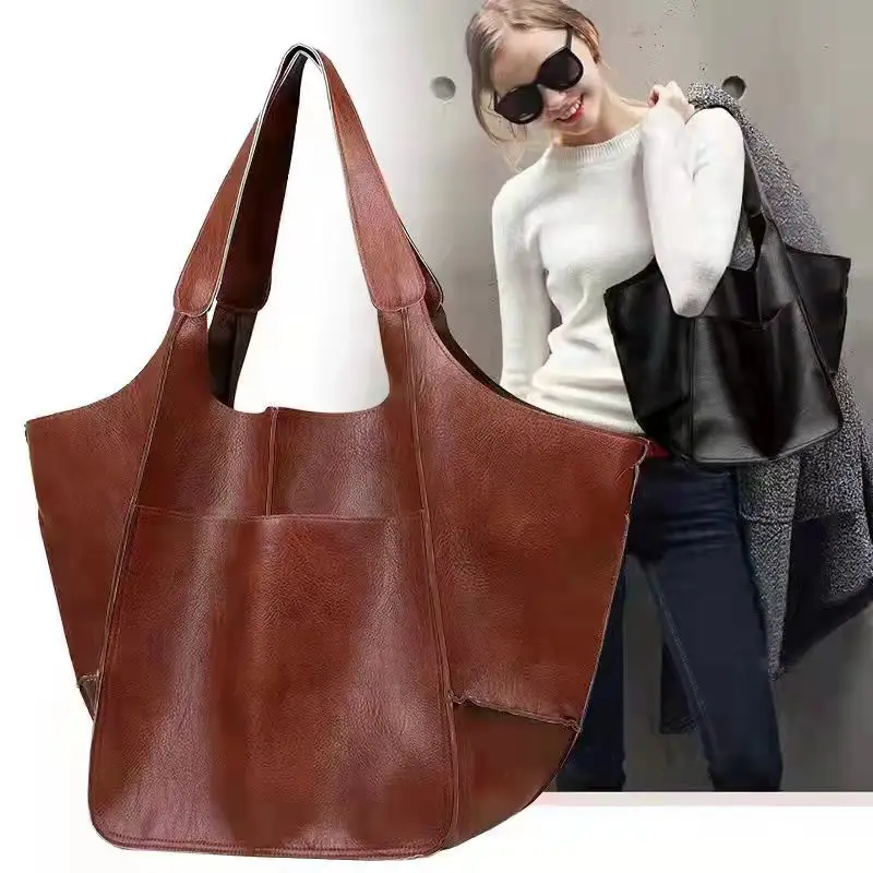 Mode Solid Einkaufstasche Blank Große Kapazität Vintage Hobo Umhängetasche Frauen Weiche Leder Einkaufstasche