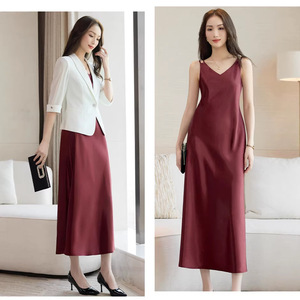 Acetate Satin Slip Dress V-Neck Mid Length Solid Color Elegant For Layering Women's Evening Dress With Blazer Option - Product Image 3