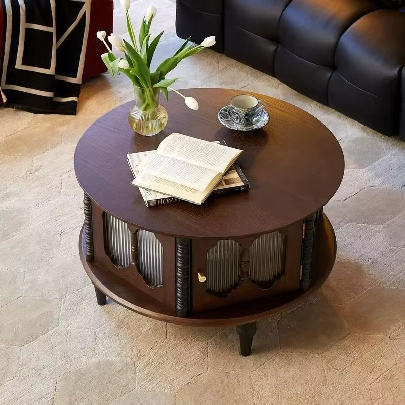 French Modern Solid Wood Adjustable Round Coffee Table Set for Living ...