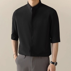 Herren hemd mit Stehkragen im chinesischen Stil Kurzarm Summer Ice Silk Hochwertiges Sieben-Punkt-Hemd mit Stehkragen und Mittel ärmeln - Product Image 5