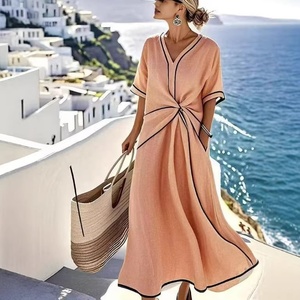 <span class=keywords><strong>Abito</strong></span> lungo <span class=keywords><strong>beige</strong></span> effetto <span class=keywords><strong>lino</strong></span> con scollo a V da donna, con nodo frontale e bordo a contrasto, a mezza manica, vestibilità ampia, casual, per vacanze al mare e resort - Product Image 3