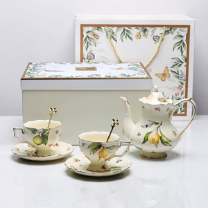 Services à thé en porcelaine à motif citron, vente en gros, fabriqués en Europe, tasses à café en céramique imprimées à la main, style européen - Product Image 2