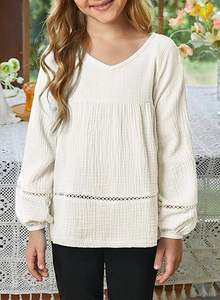 Traje holgado para niñas elegante bohemio azul cielo algodón muselina cuello en V linterna manga larga diseño hueco blusa básica Tops - Product Image 2