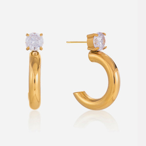 ต่างหูซีฮูปสแตนเลสสตีล 18K ทรงกลมประดับเพชรเซอร์คอน ดีไซน์ทรงเรขาคณิต ของขวัญเครื่องประดับ - Product Image 1