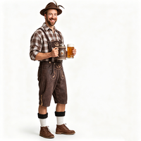 Chemise à carreaux marron pour homme, broderie cerf, ensemble complet Lederhosen marron foncé, chapeau en feutre, chaussettes, bottes, style bavarois pour l'Oktoberfest