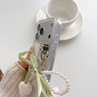 Coque de téléphone transparente effet nacré avec ruban en soie et nœud tulipe Spring Cottage pour iPhone 18 17 Pro Max 16 15 14