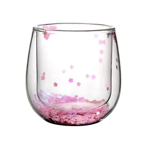 新设计浪漫樱花无茎玻璃果汁牛奶杯高硼硅酸盐玻璃花式咖啡杯