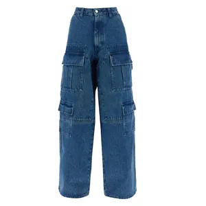 Özel kadınlar 100% pamuk boy Fit kargo pantolon orta mavi beş cep pamuk Denim kot kargo cepler ile Baggy kot Wome