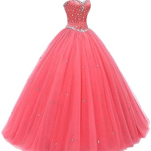 Strapless Ball Gown Evening Dress Coral Chiffon Empire Waistline Long Prom Dress - Product Image 5