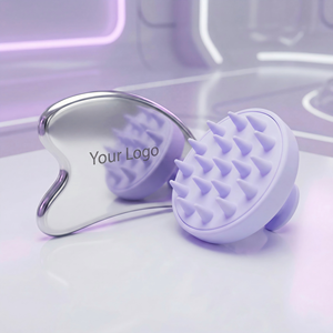 Kit de beauté GWP clé <span class=keywords><strong>en</strong></span> main, sac cosmétique portable de luxe <span class=keywords><strong>en</strong></span> maille violette, brosse à cuir chevelu Gua Sha <span class=keywords><strong>en</strong></span> acier inoxydable avec fermeture éclair, logo personnalisé, bien-être - Product Image 3